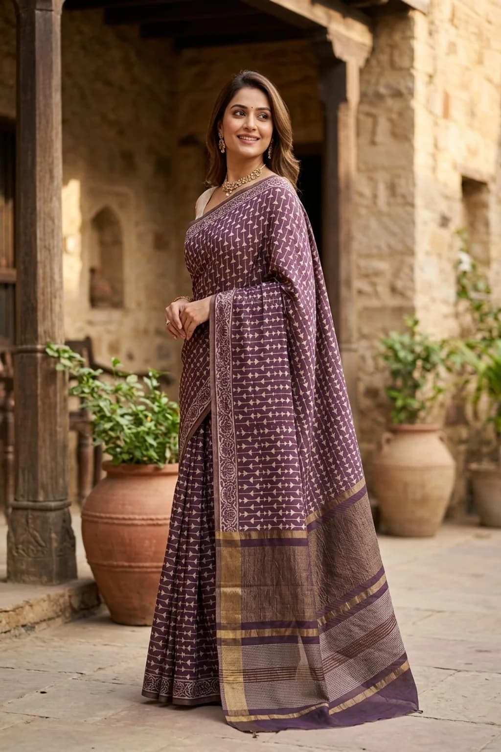 Maroon Printed Tussar Silk Saree with a Printed Border – Model Displaying Full Saree