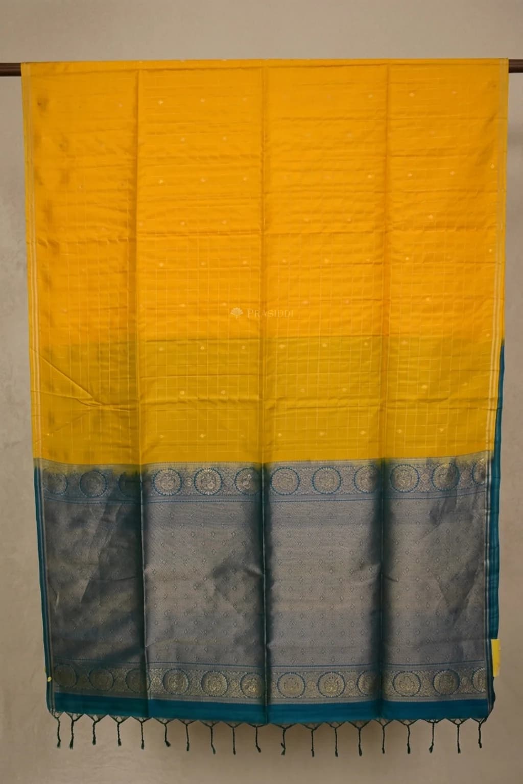 Mustard and Blue Soft Silk Saree with small zari border – Saree Display