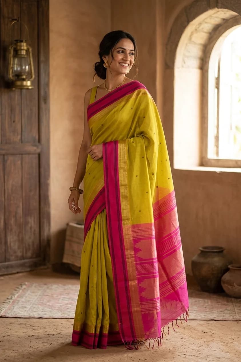 Mustard and Rani Pink Pattur Silk Cotton Saree with Rudraksha motifs and double contrast border. – 00 Joy Model 1 Nb2
