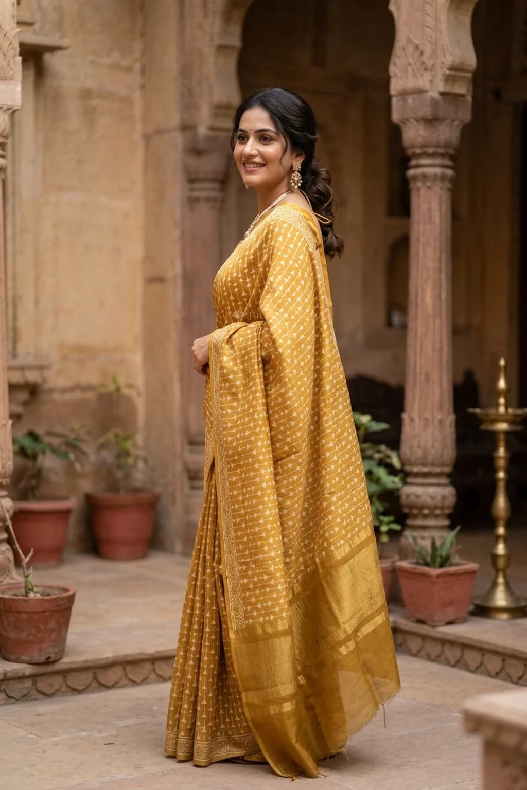 Mustard Printed Tussar Silk Saree with Printed Border – Model Displaying Full Saree