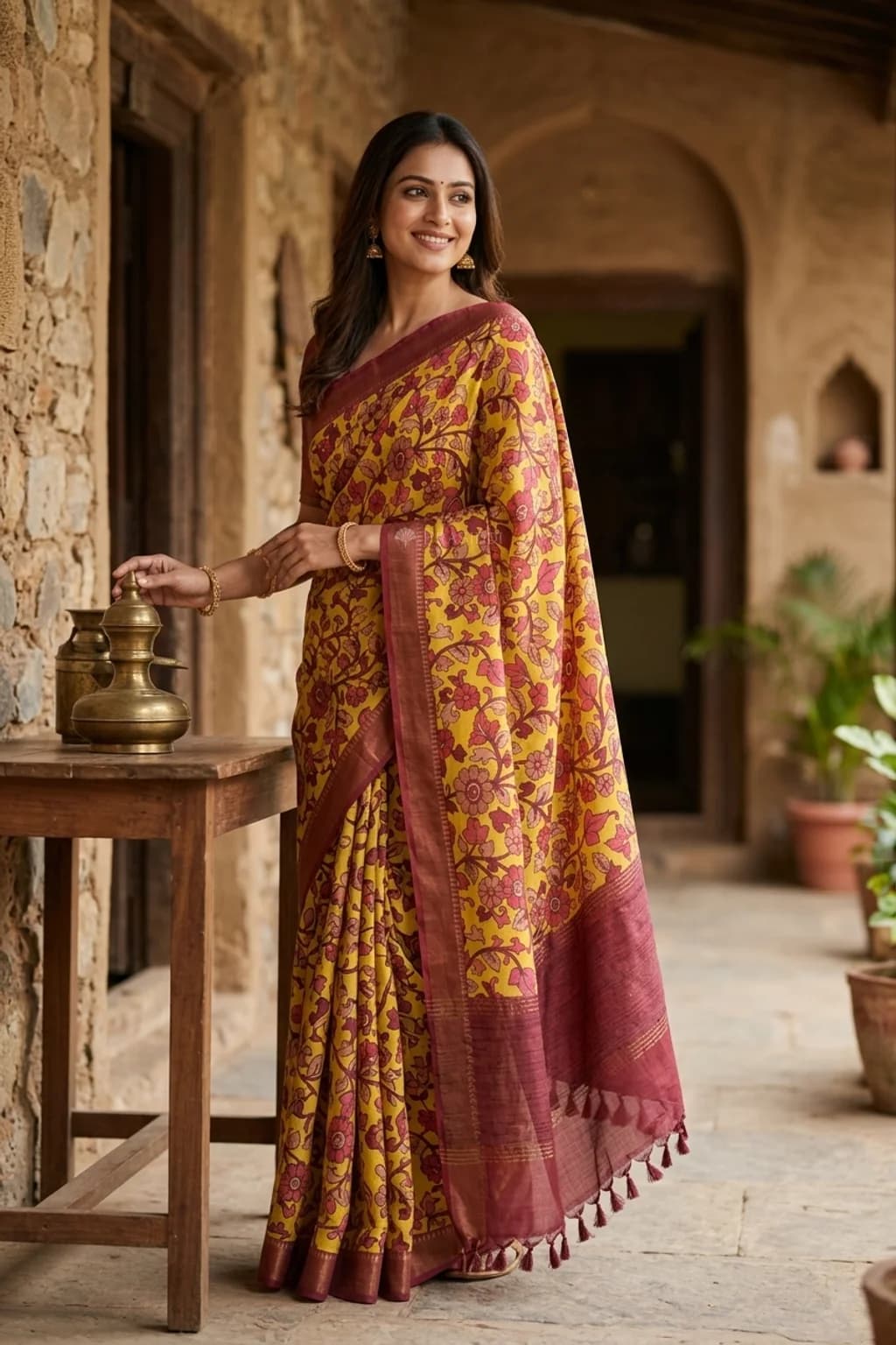 Mustard Printed Tussar Silk Saree with Red Border and Dense Print Design. – Model Displaying Full Saree