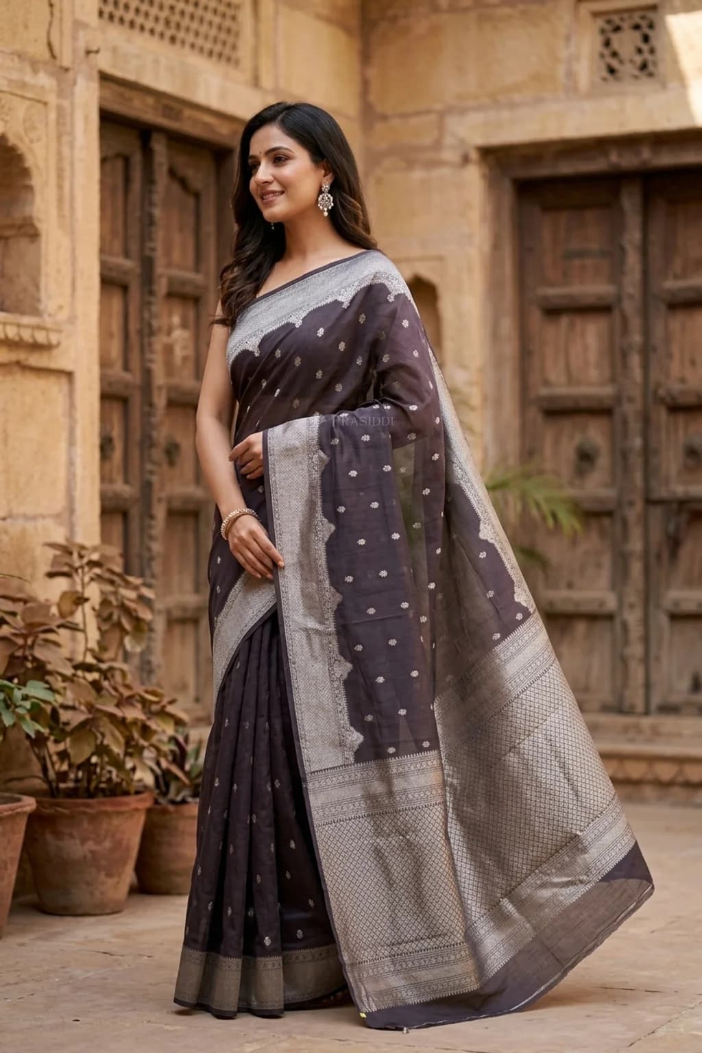 Muted Purple Silk Cotton Saree with butti motifs and a designer border – 00 Joy Model 1 Nb2