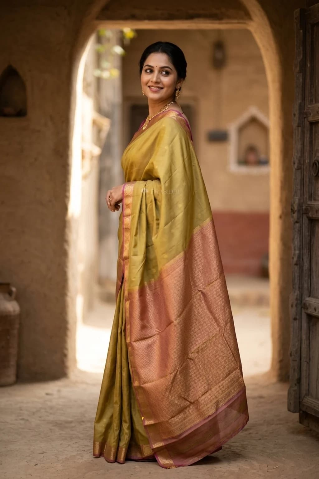 Mutted olive and light rust handwoven silk saree with small zari border. – Model Displaying Full Saree