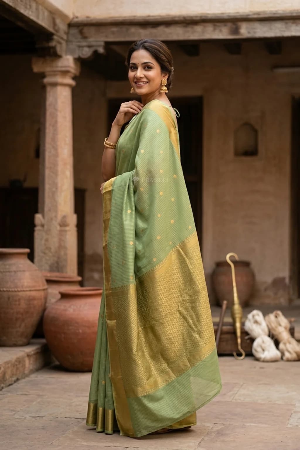 Mutted Olive Kota Silk Saree with Butti Motif and Classical Border – Model Displaying Full Saree
