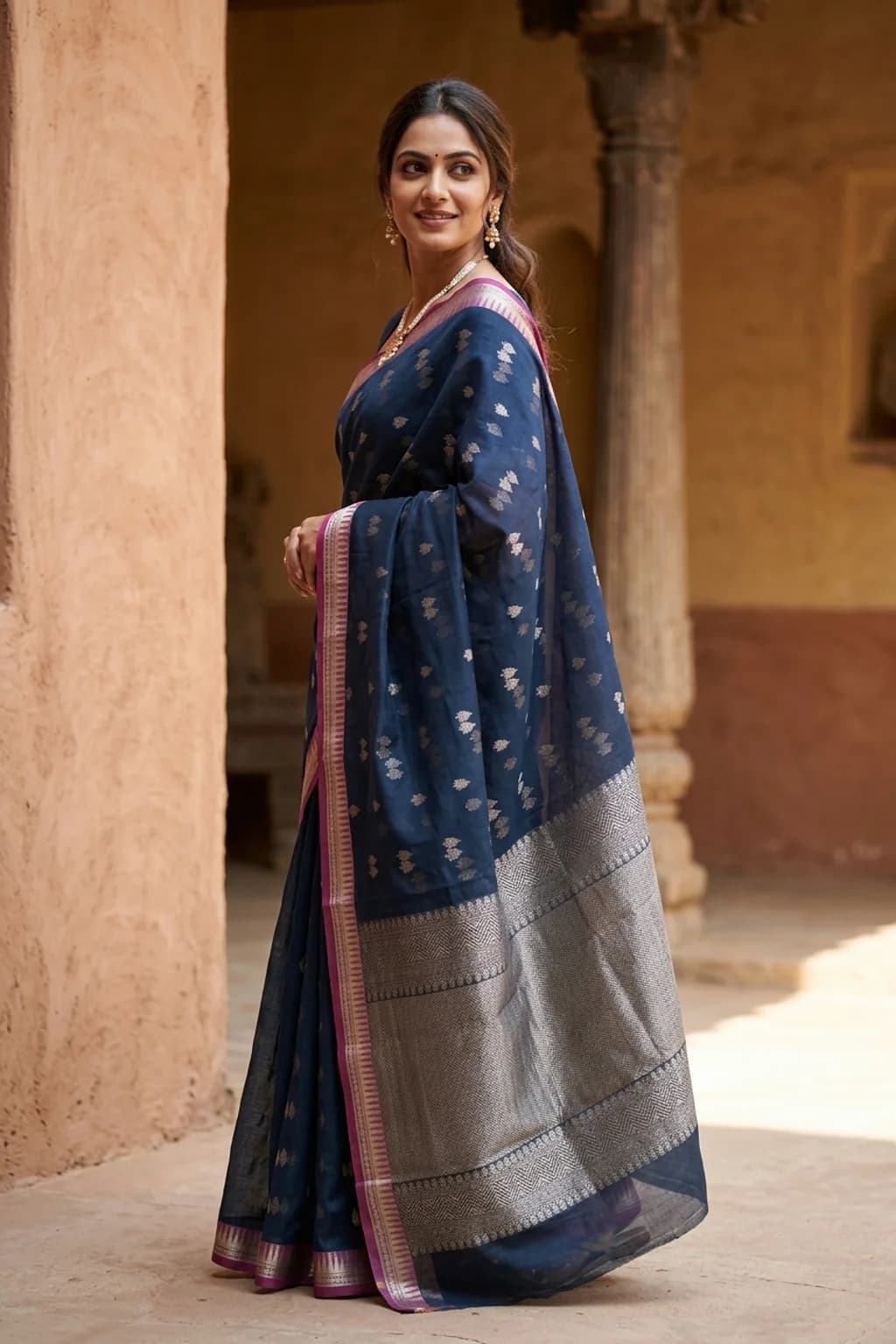 Navy Blue and Wine Silk Cotton Saree with butti motif and temple border – Model Displaying Full Saree