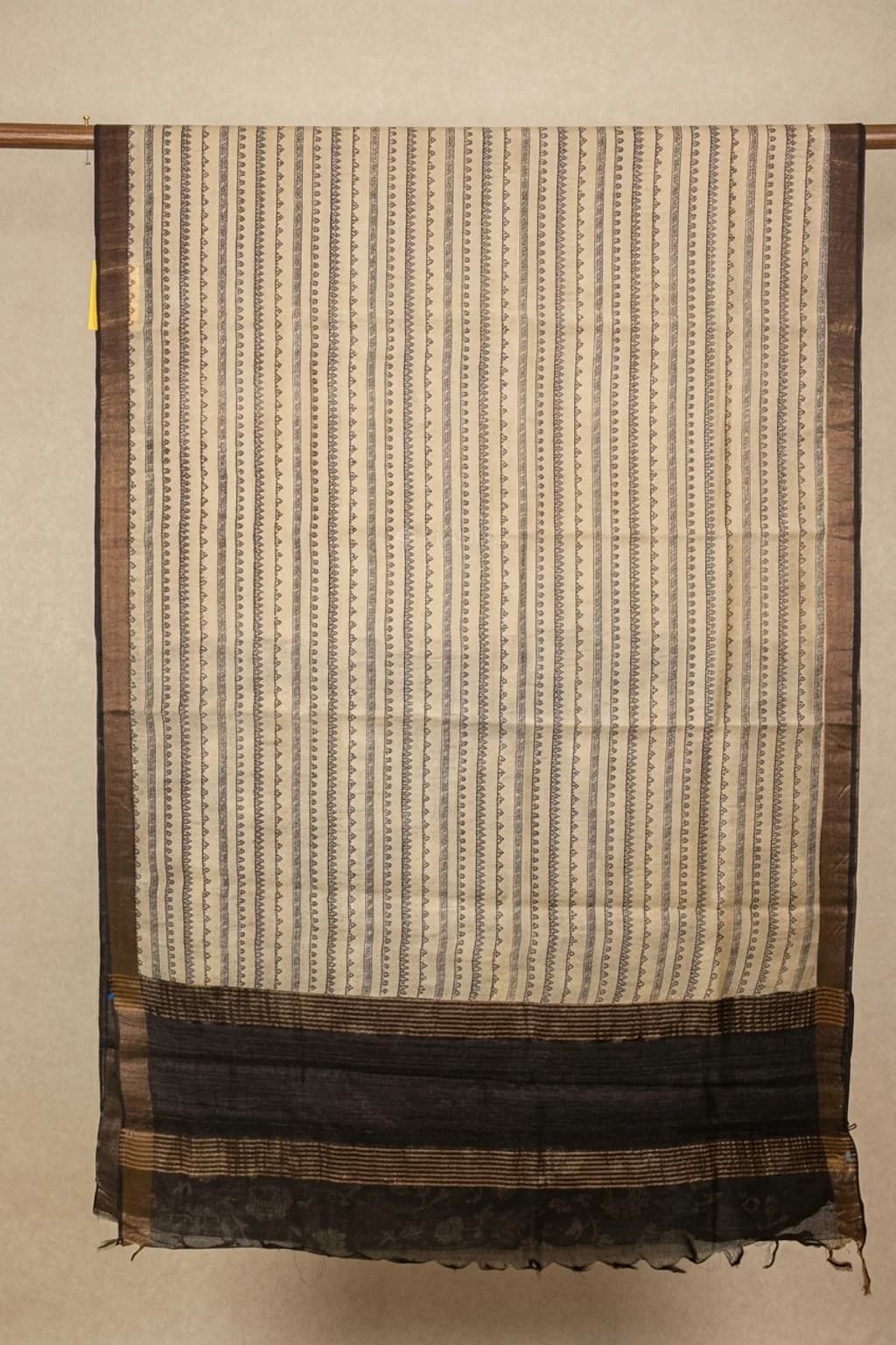 Off White and Black Printed Tussar Silk Saree with a Classical Contrast Border. – Saree Display