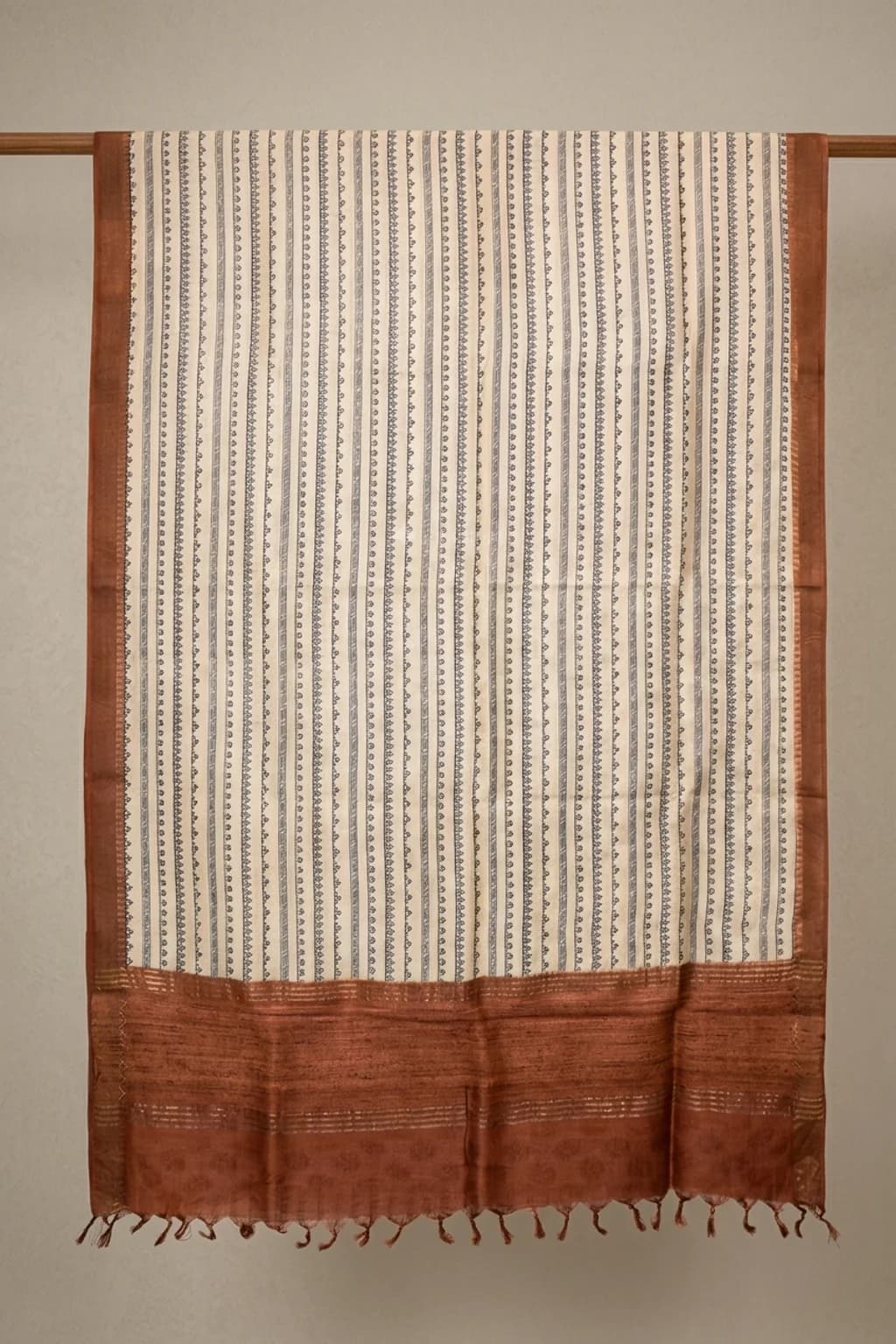 Off White and Brown Embroidered Tussar Silk Saree with Contrast Border and Printed Design. – Saree Display