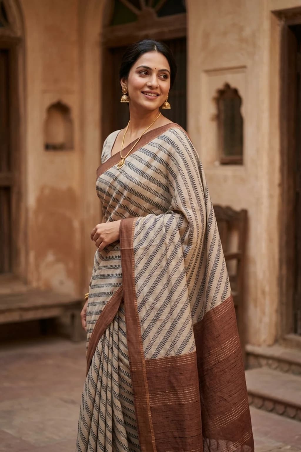 Off White and Brown Printed Tussar Silk Saree with Minimal Border and Floral Prints. – Model Displaying Full Saree