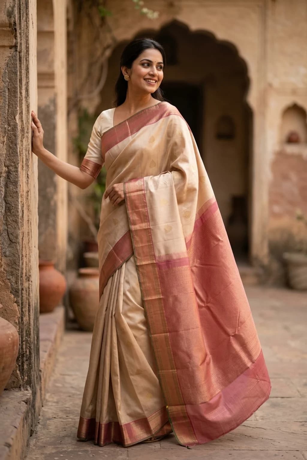 Off White and Light Rust Silk Saree with rich contrast border – Model Displaying Full Saree