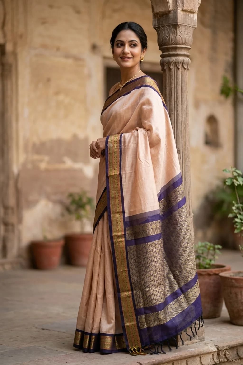 Off White and Midnight Blue Pattur Silk Cotton Saree with rich paisley border – Model Displaying Full Saree