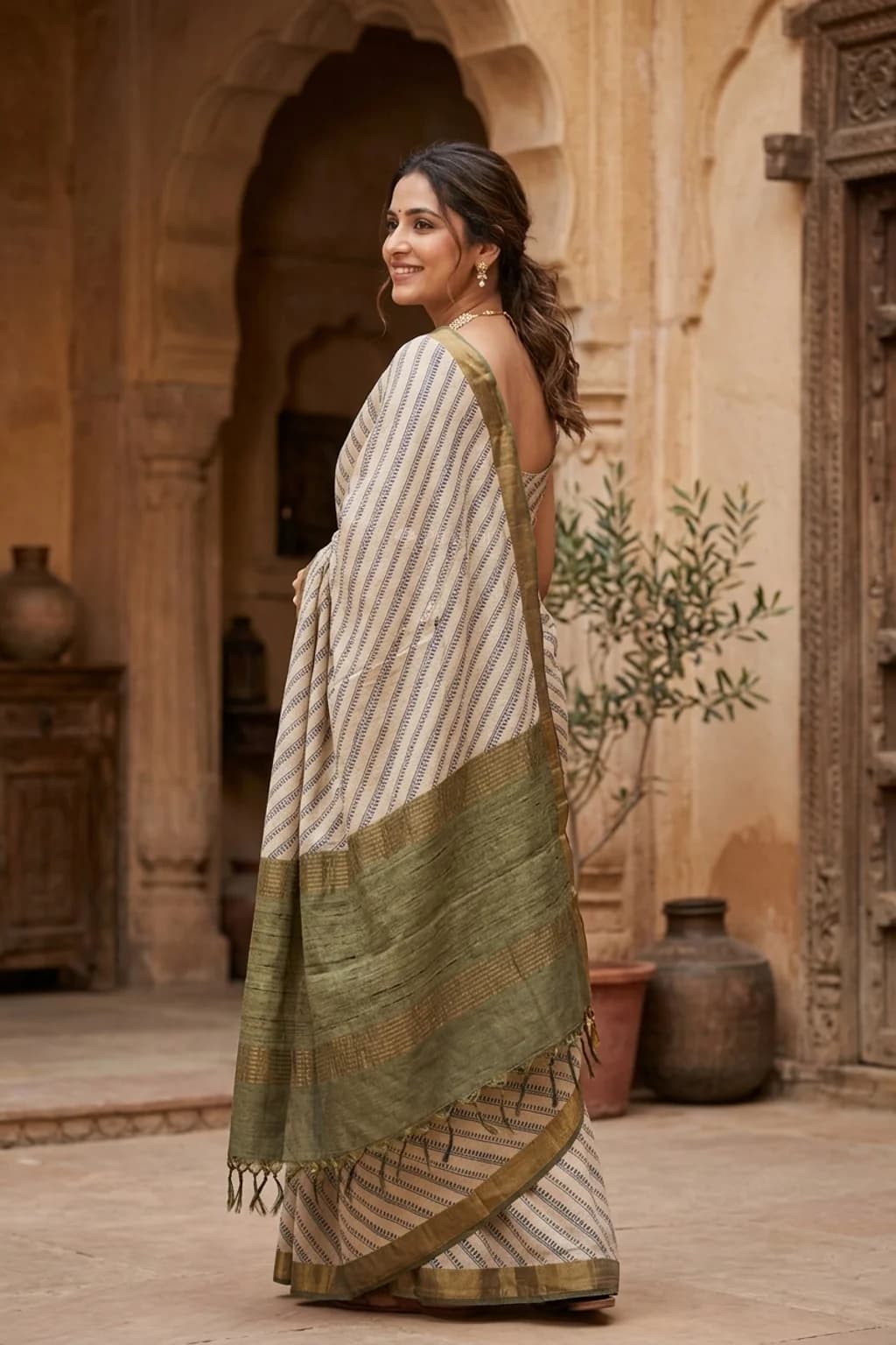 Off White Green Printed Tussar Silk Saree with a Green Border and Pallu. – Model Displaying Full Saree