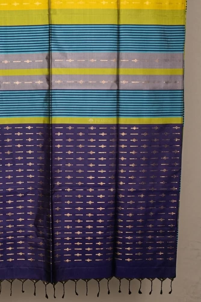 Old Gold and Grey Soft Silk Saree with multi-color vertical stripes and a midnight blue pallu. – Display Image