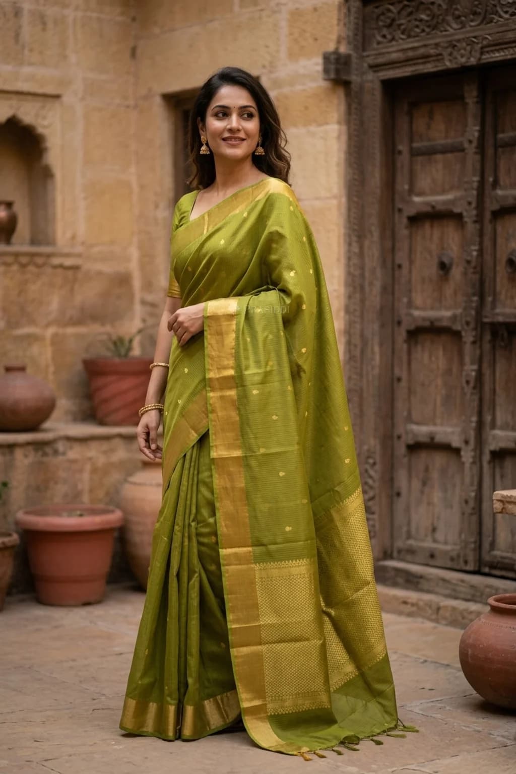 Olive Green Kota Silk Saree with Classical Border and Woven Motifs – Model Displaying Full Saree