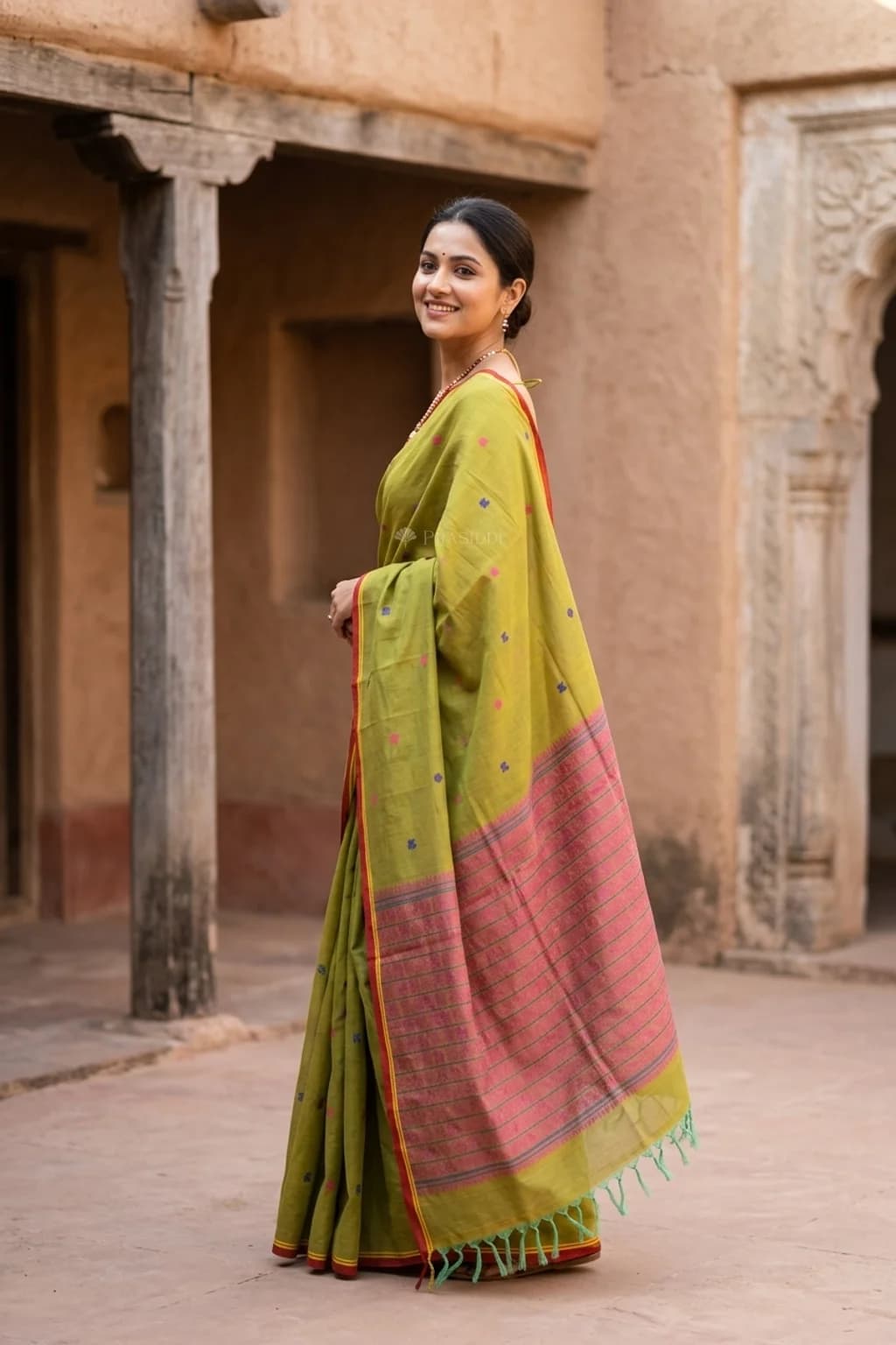 Olive & Rust Tadapathri Cotton Saree with Woven Work and Peacock (Mayil), Rudraksha Motifs – Model Displaying Full Saree
