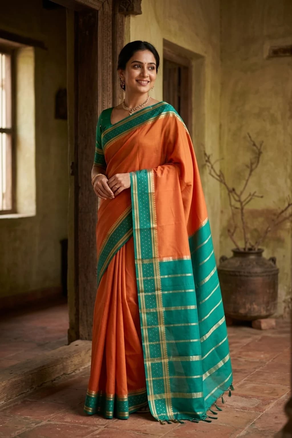 Orange Green Mysore Silk Saree with Designer Border and Grand Pallu. – Model Displaying Full Saree