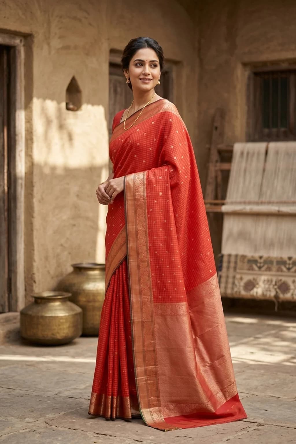 Orange Silk Saree with a rich border and contrasting bottle green accents. – Model Displaying Full Saree