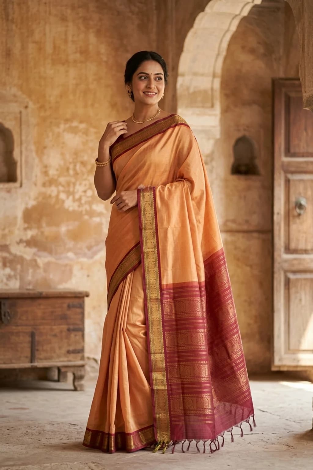 Peach and Maroon Pattur Silk Cotton Saree with a rich maroon border and grand pallu. – Model Displaying Full Saree