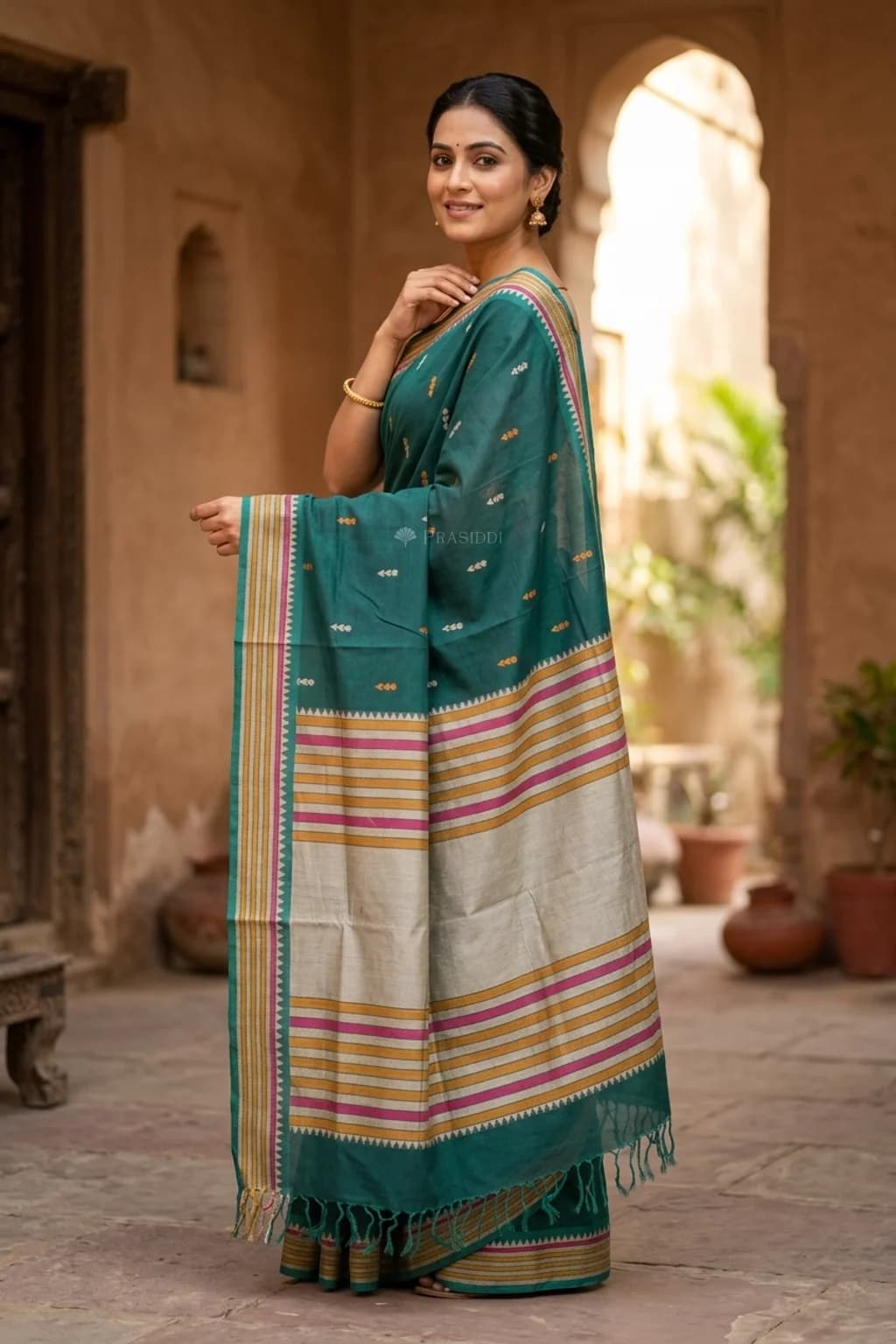 Peacock Green Tadapathri Cotton Saree with Multicolor Border, Handwoven Design. – Model Displaying Full Saree