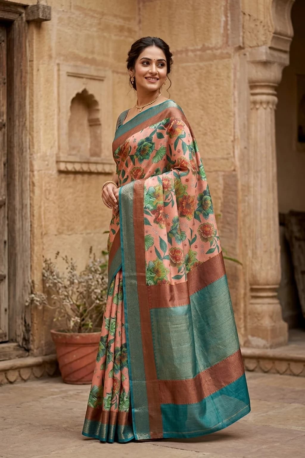 Pink and Blue Printed Tussar Silk Saree with a Double Border – Model Displaying Full Saree