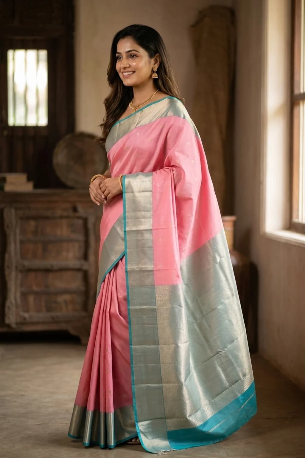 Pink Teal Butti Woven Silk Saree with Contrast Border – Model Displaying Full Saree