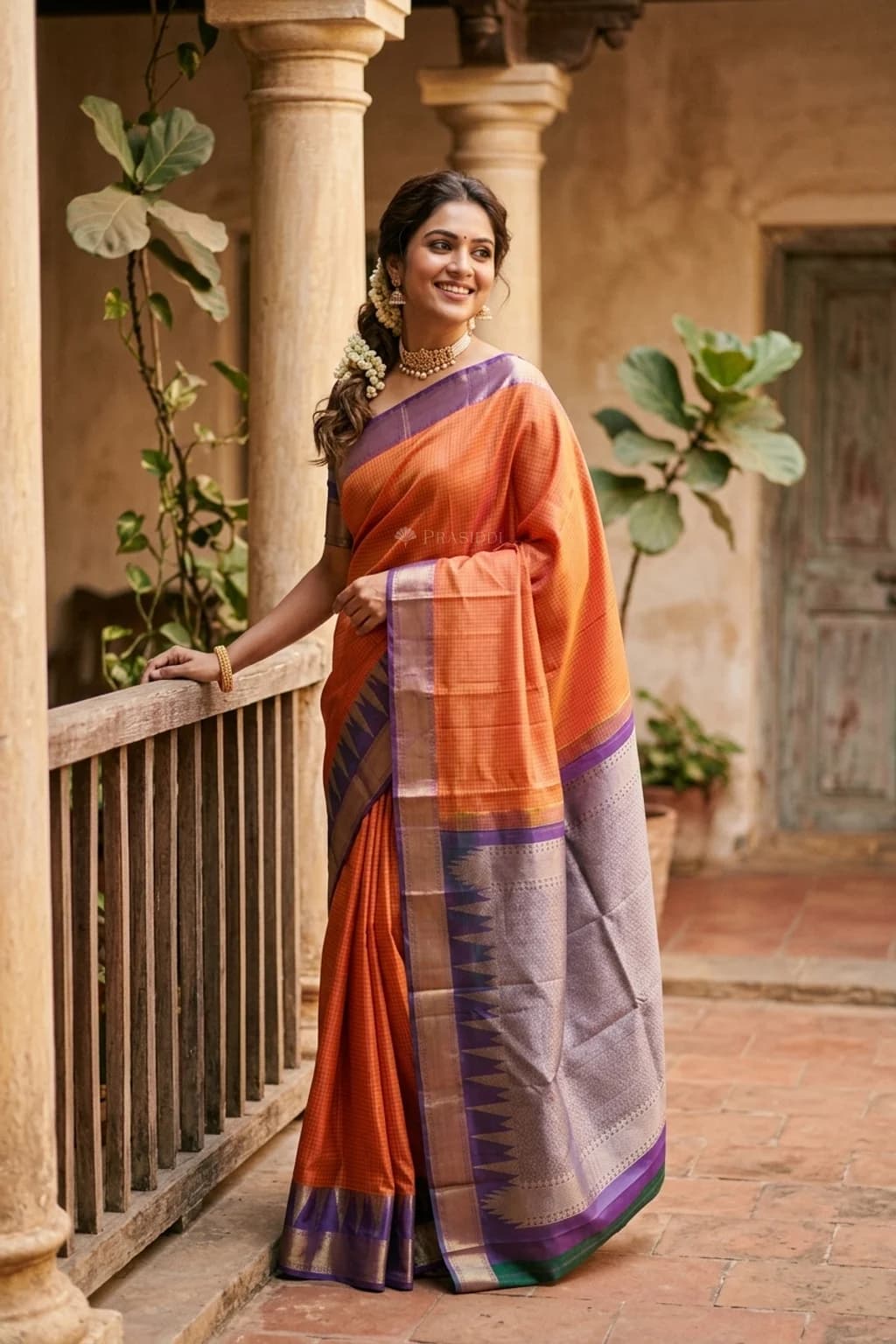 Pinkish orange silk saree with violet checks and a contrast woven zari border. – Model Displaying Full Saree