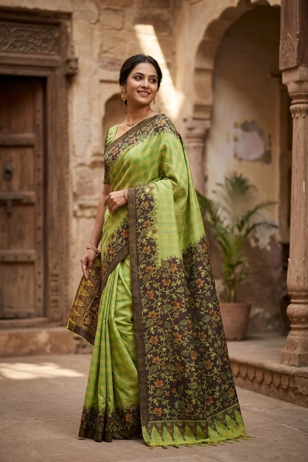 Pistachio Green and Charcoal Grey Printed Tussar Silk Saree with Kalamkari Handpainted Border – Model Displaying Full Saree