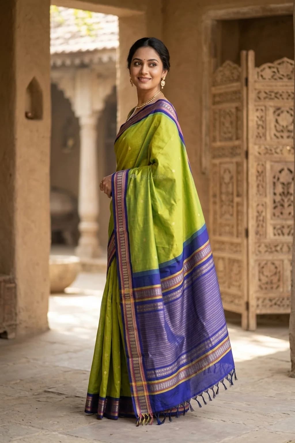 Pistachio Green and Navy Blue Butti Pattur Silk Cotton Saree with classical border – Model Displaying Full Saree