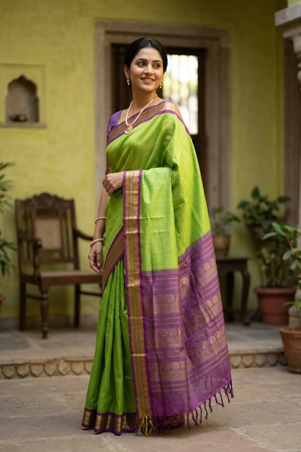 Pistachio Green and Plum Contrast Border Pattur Silk Cotton Saree displayed elegantly. – Model Displaying Full Saree