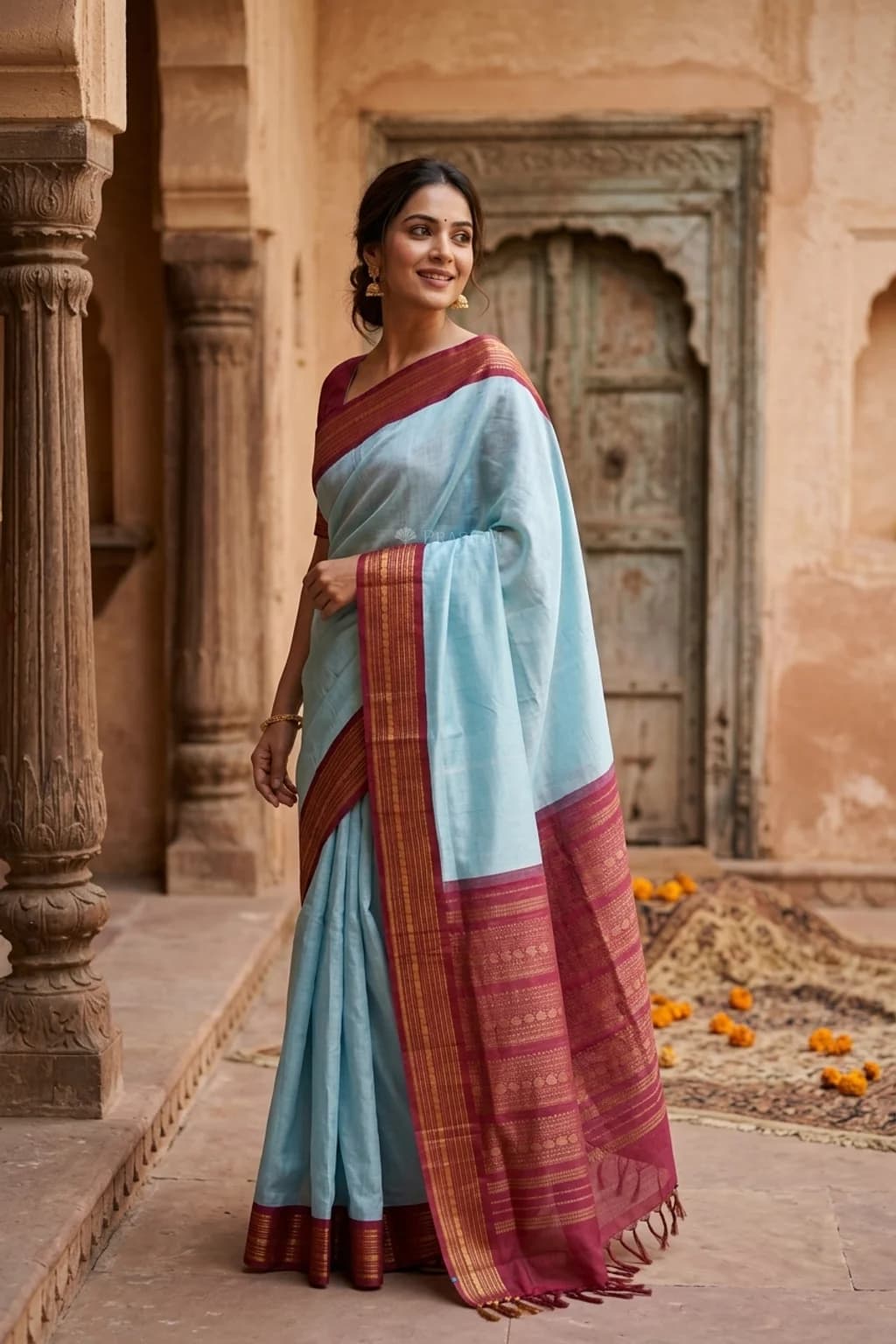 Powder Blue and Maroon Pattur Silk Cotton Saree with a contrast border. – 00x Joy Standing Product NB2