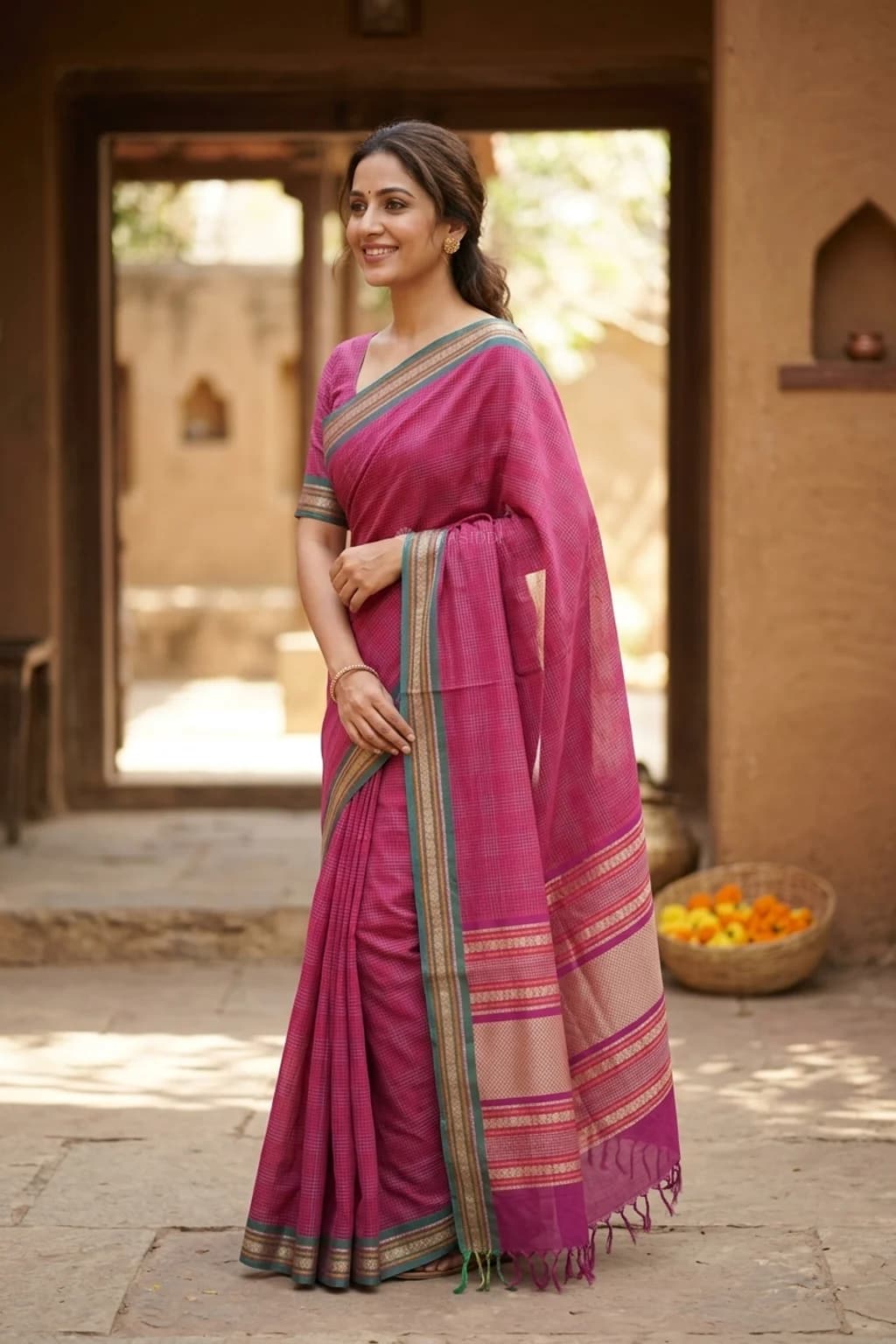 Purple and bottle green Tadapathri cotton saree with contrast border and body checked design. – Model Displaying Full Saree