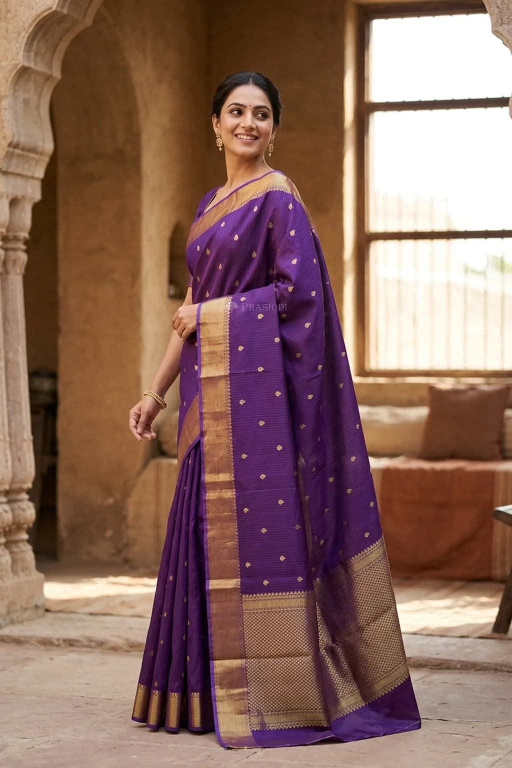 Purple Kota Silk Saree with Classical Border and Woven Motifs – Model Displaying Full Saree