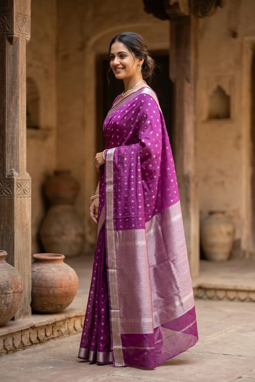 Purple Silk Cotton Saree with Butti Motif and Small Zari Woven Border – Model Displaying Full Saree