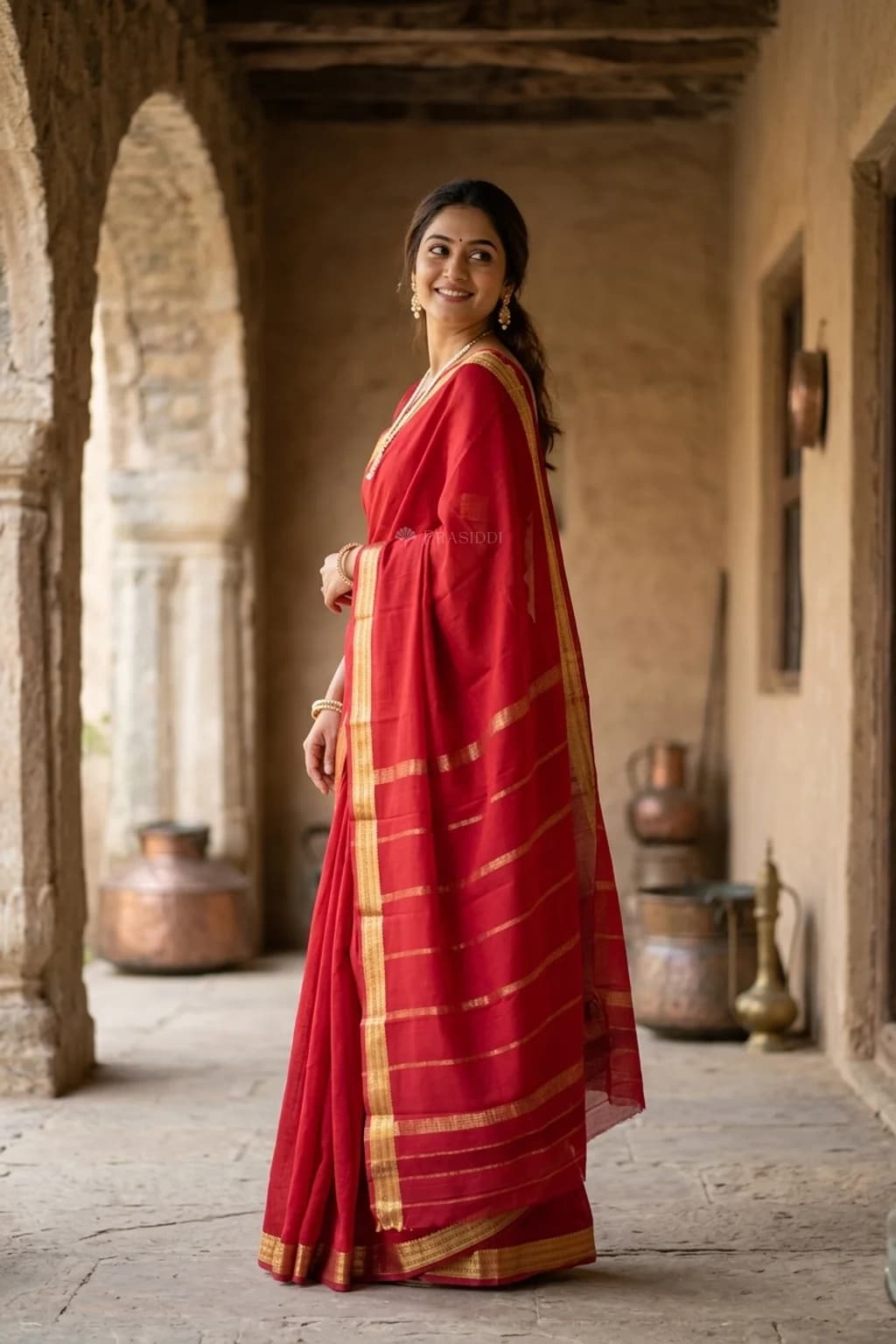 Rani Pink Mysore Silk Saree with Small Zari Border – Model Displaying Full Saree