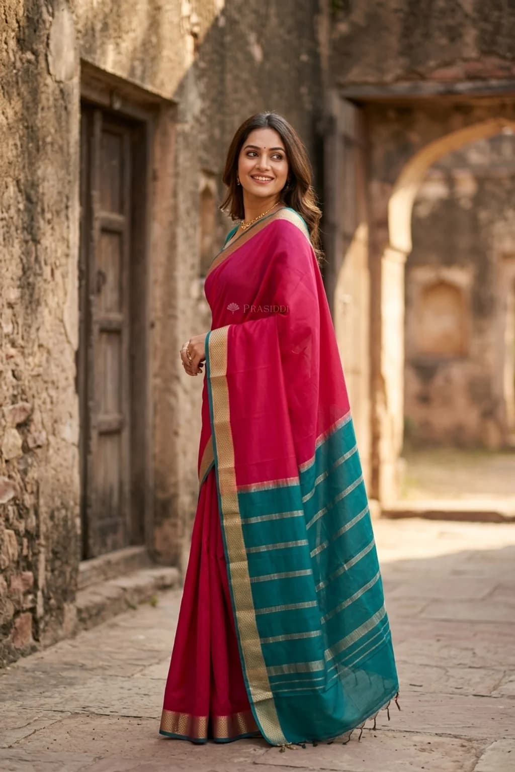 Rani Pink Mysore Silk Saree with Teal Border and Pallu, Featuring a Sparse Woven Design. – Model Displaying Full Saree