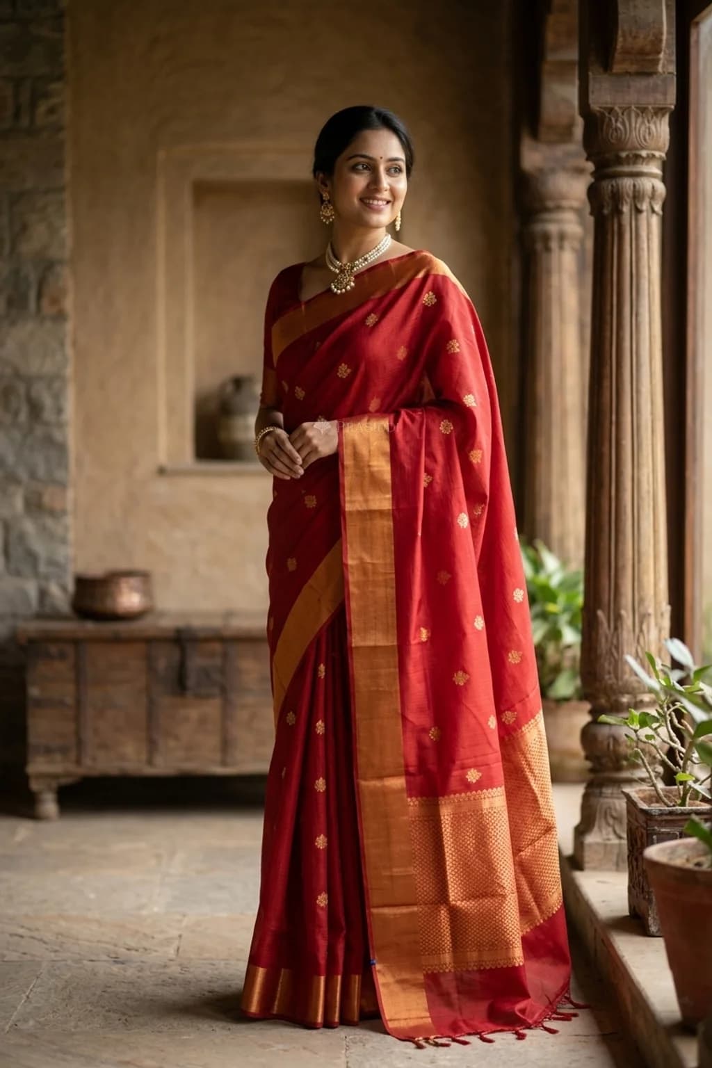 Red Kota Silk Saree with Classical Border and Woven Motif – Model Displaying Full Saree