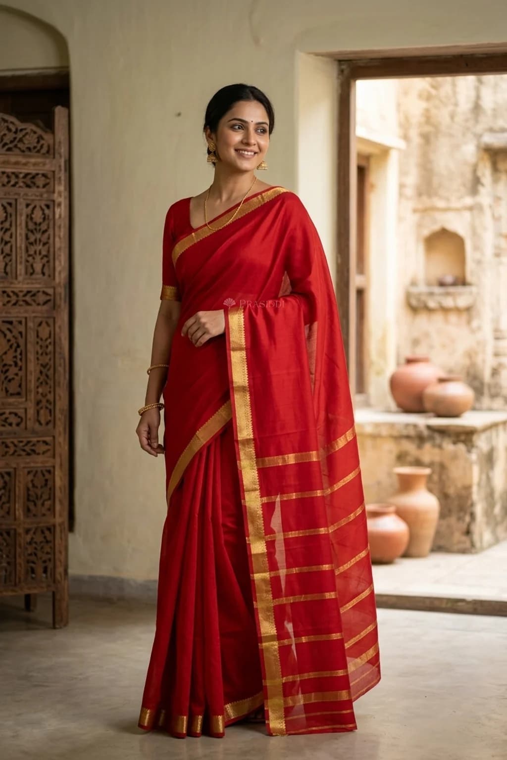 Red Mysore Silk Saree with a Small Zari Border – Model Displaying Full Saree