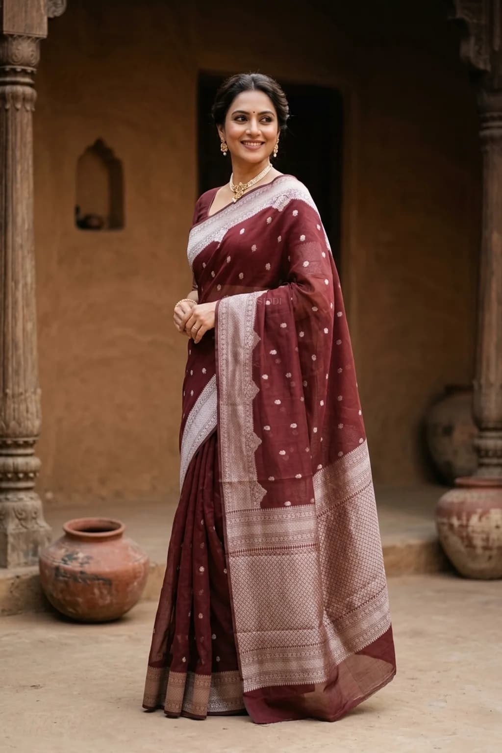 Reddish-Brown Silk Cotton Saree with woven work and butti motifs and designer border border – Model Displaying Full Saree