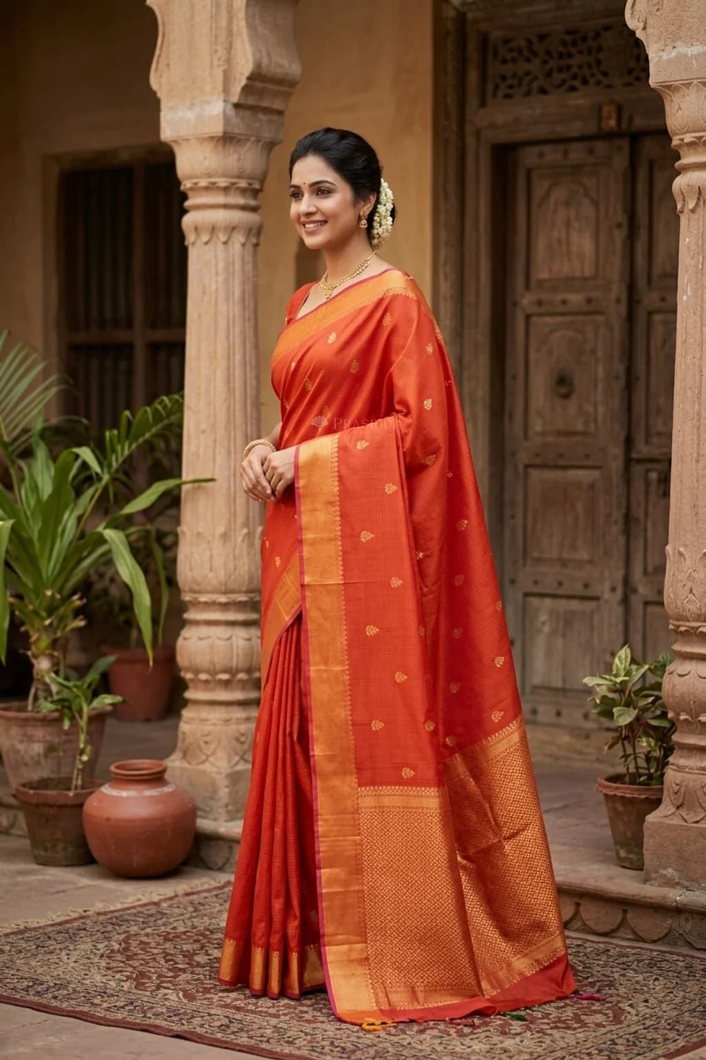 Reddish Orange Kota Silk Saree with Classical Border and Woven Motif – Model Displaying Full Saree