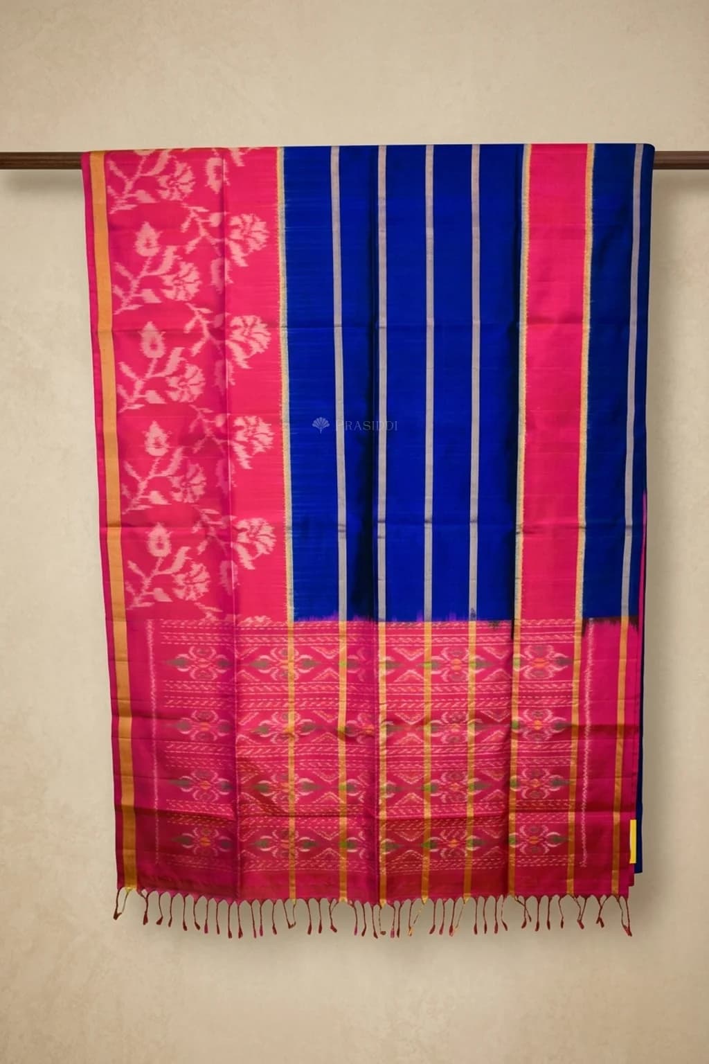 Royal Blue and Rani Pink Soft Silk Saree with a one-sided border and striped body. – Saree Display