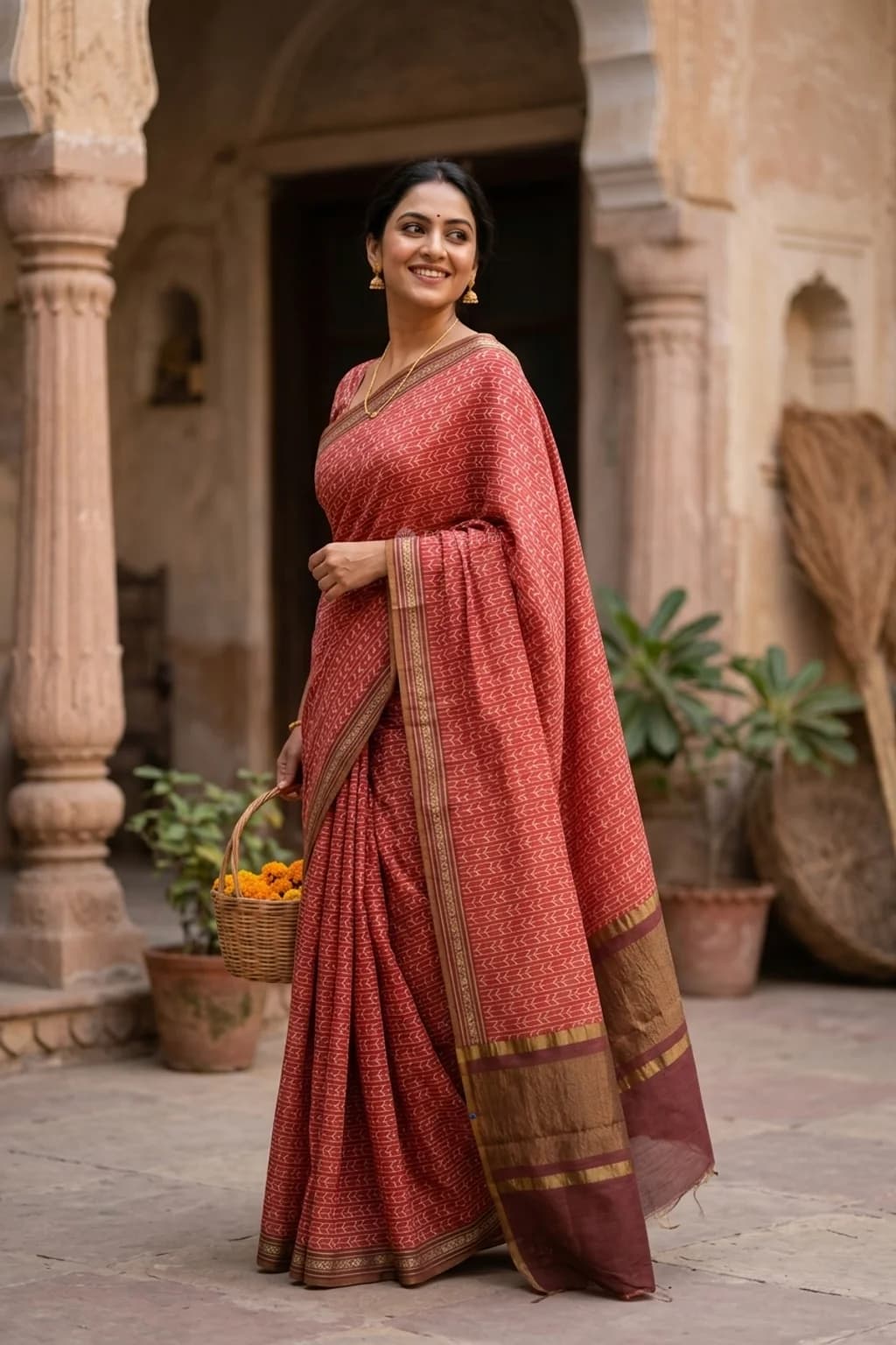 Rust and Brown Printed Tussar Silk Saree with Printed Border – Model Displaying Full Saree