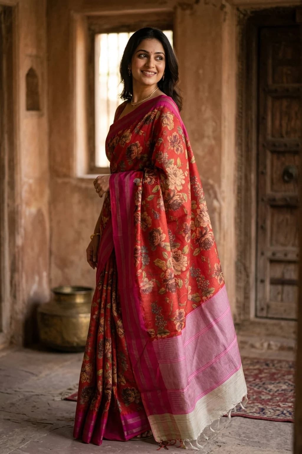 Rustic Orange Pink Printed Tussar Silk Saree with Floral Design and Classical Border. – Model Displaying Full Saree