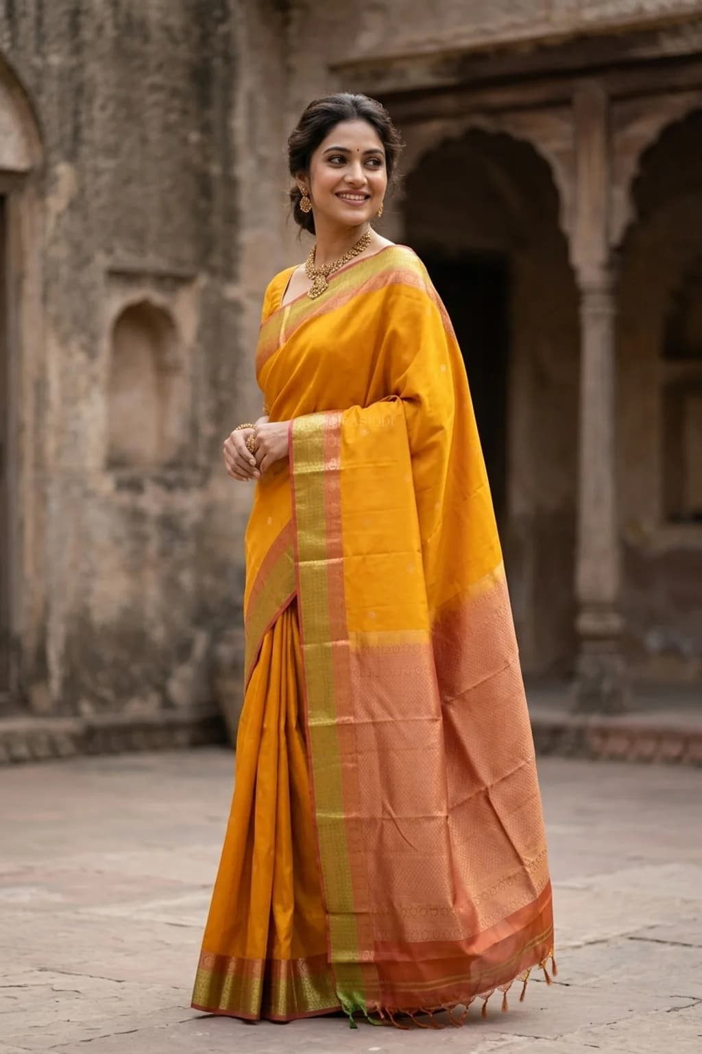 Silk Saree with designer border and woven motif, perfect for festive occasions. – Model Displaying Full Saree