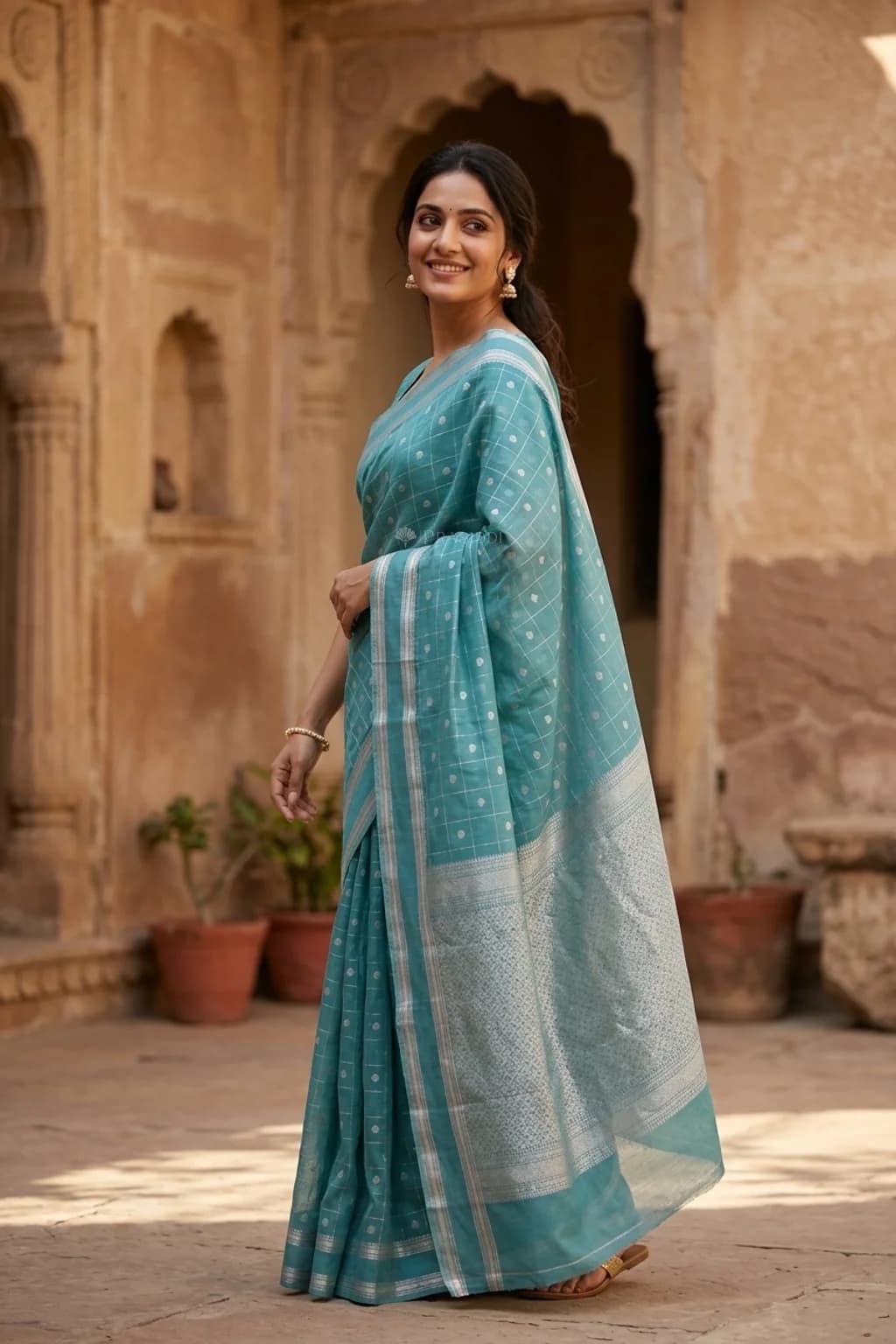 Teal Butti Silk Cotton Saree with small zari woven border – Model Displaying Full Saree