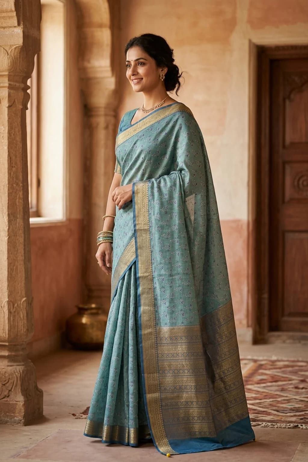 Teal Printed Tussar Silk Saree with Small Zari Border and Rich Pallu – Model Displaying Full Saree