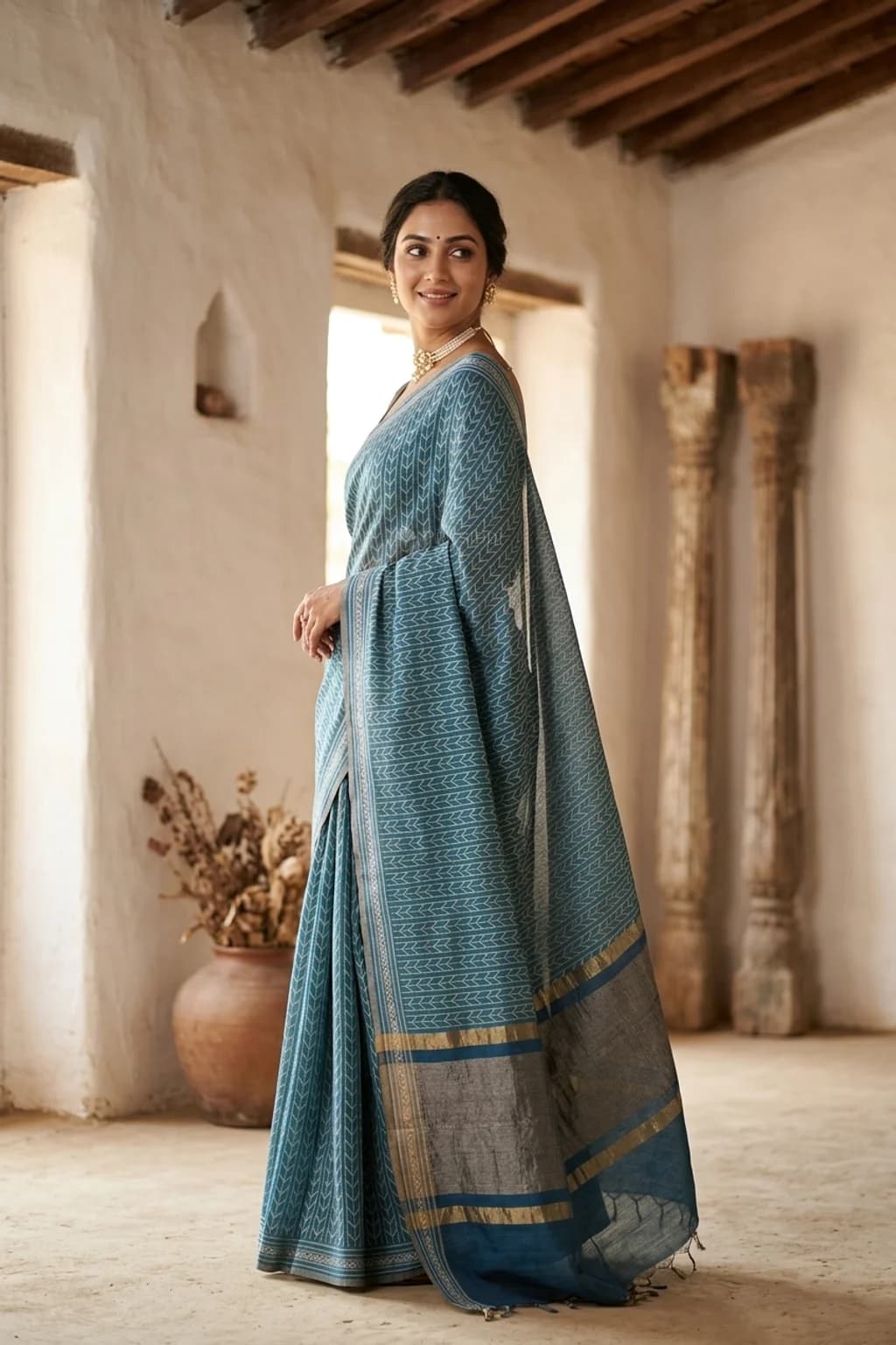 Teal Printed Tussar Silk Saree with Ultra Violet Pallu and Small Printed Border. – Model Displaying Full Saree