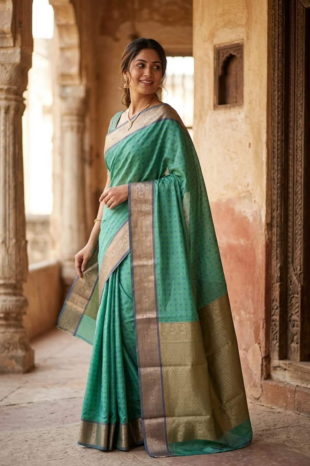 Teal Silk Cotton Saree with Zari Border and Thread Work – Model Displaying Full Saree