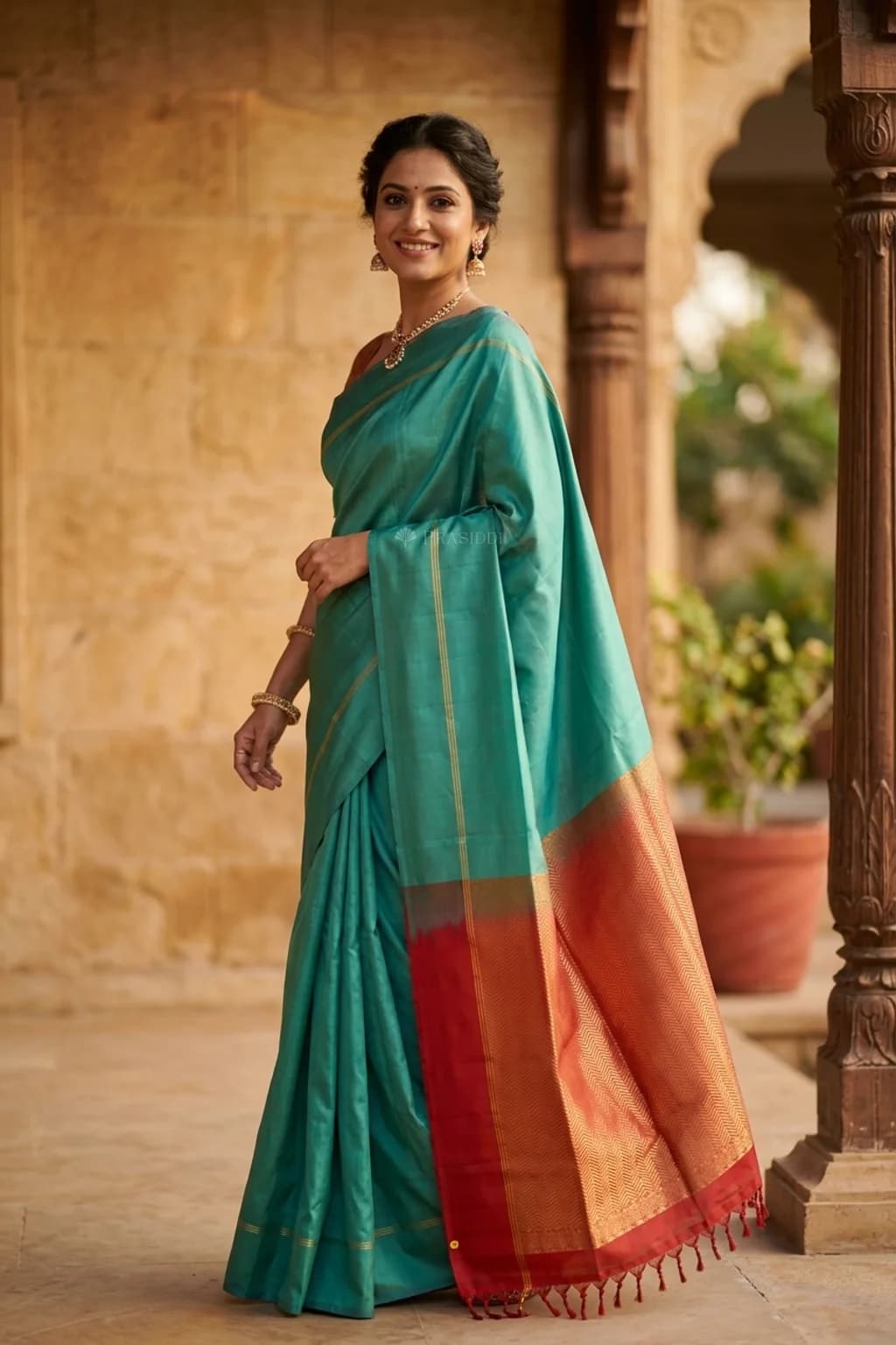 Teal soft silk saree with a red grand pallu, suitable for festive occasions. – 00x1 Joy Standing Product NB2