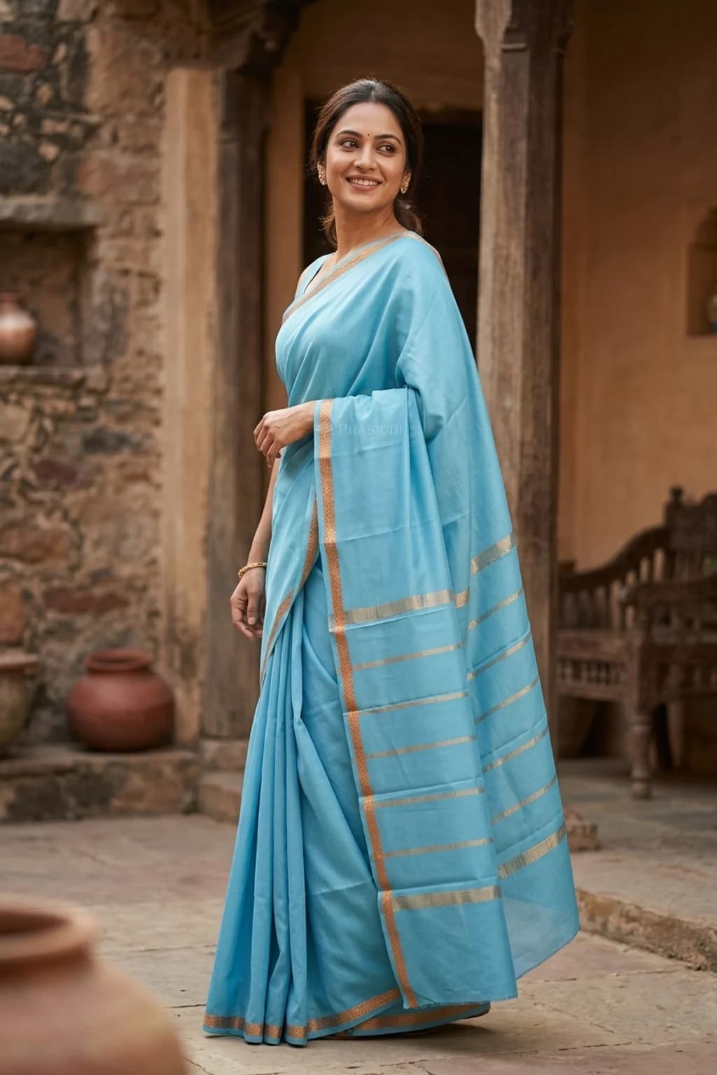 Turquoise Blue Mysore Silk Saree with Small Zari Border and Woven Design. – Model Displaying Full Saree