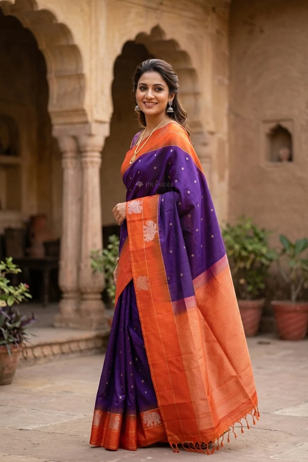 Violet and orange butti soft silk saree with a contrast border. – Model Displaying Full Saree
