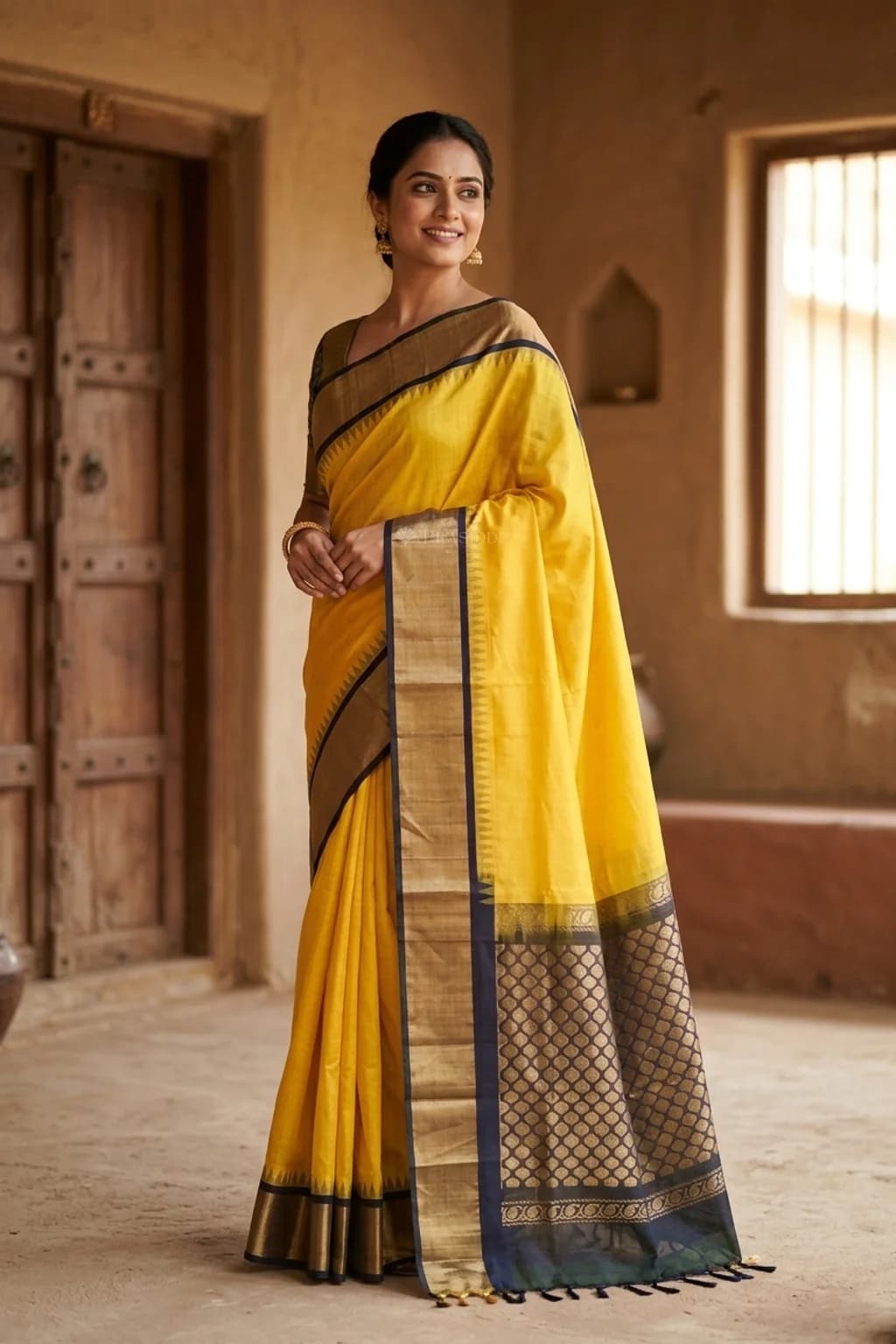 Yellow and Black Pattur Silk Cotton Saree with a contrast border and intricate design. – Model Displaying Full Saree